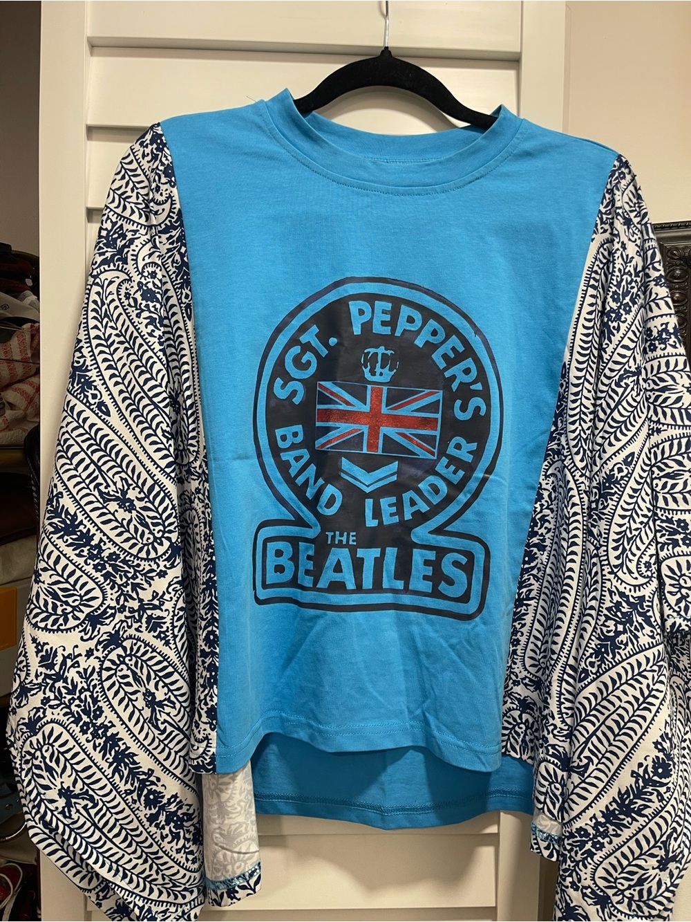 The Beatles Blue Graphic Long-Sleeve Tee with Navy & White Patterned Sleeves